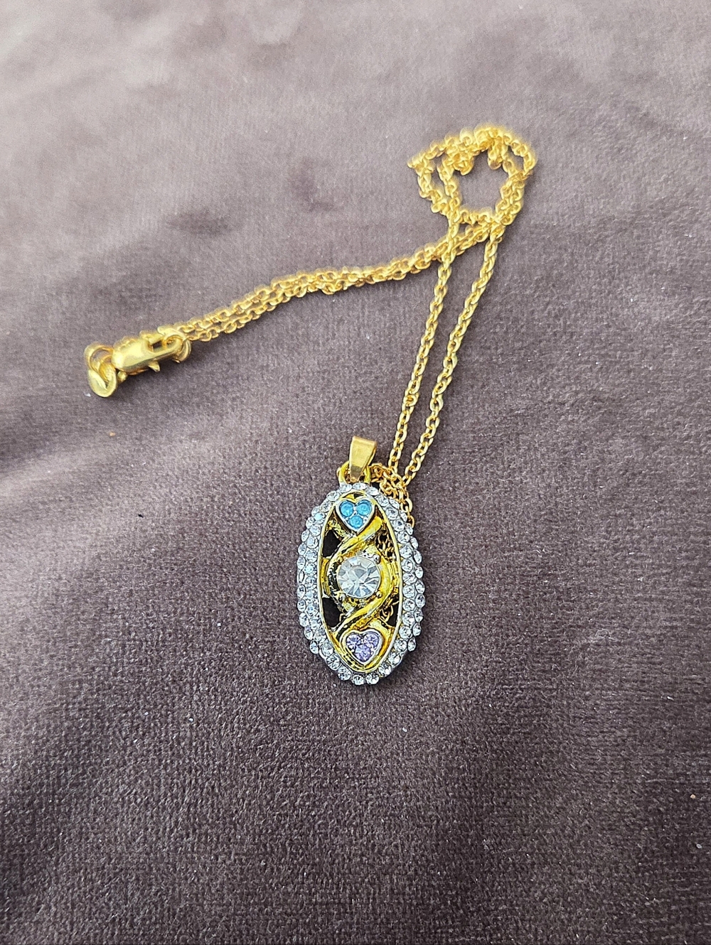 Gold, Silver & Oval Crystal Pendant with Blue and Purple Accents - New